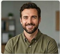 Alex R. Thompson smiling in an olive button-up shirt.