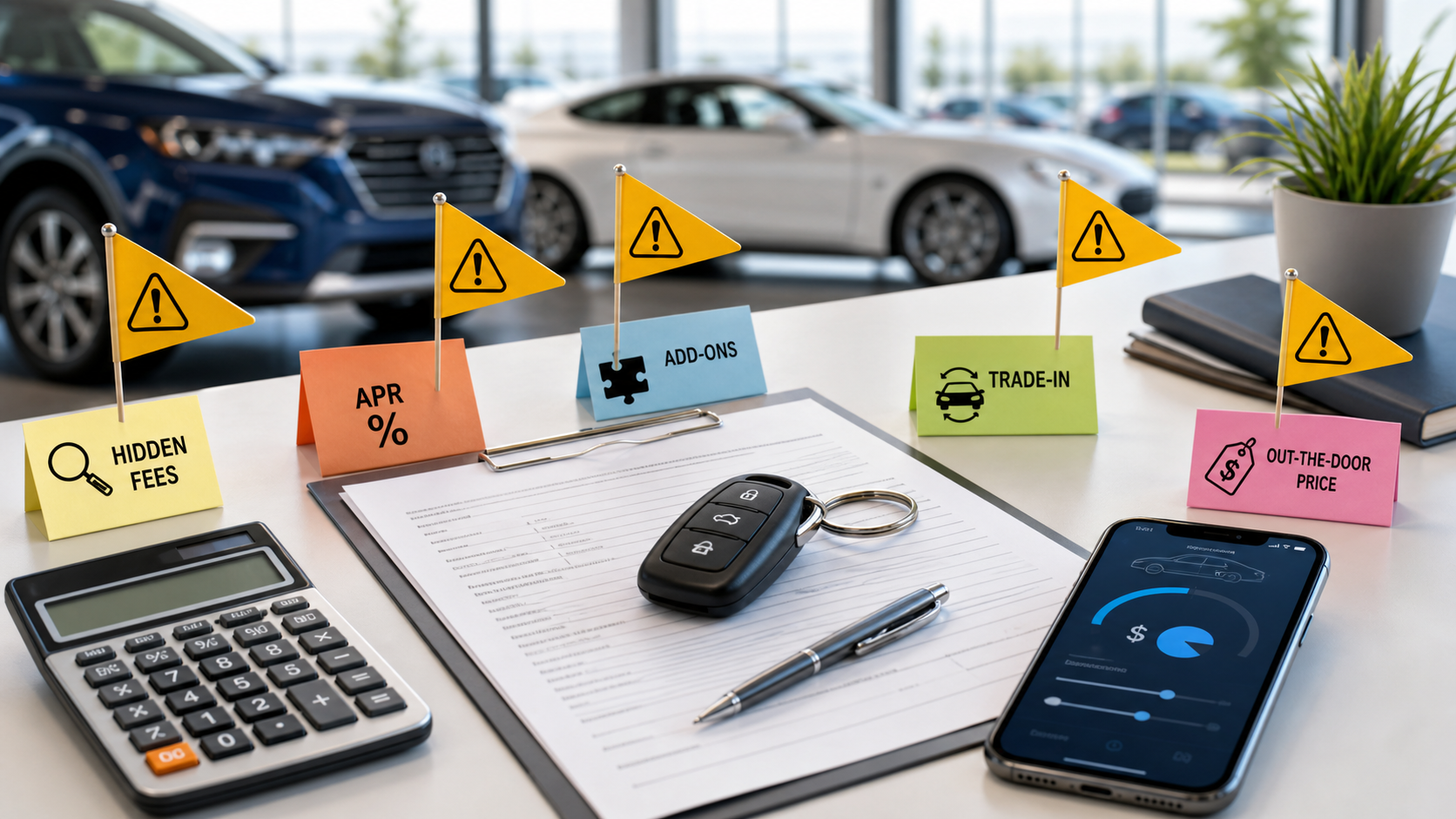 Car buying paperwork, calculator, keys, and warning notes for hidden fees and loan terms.
