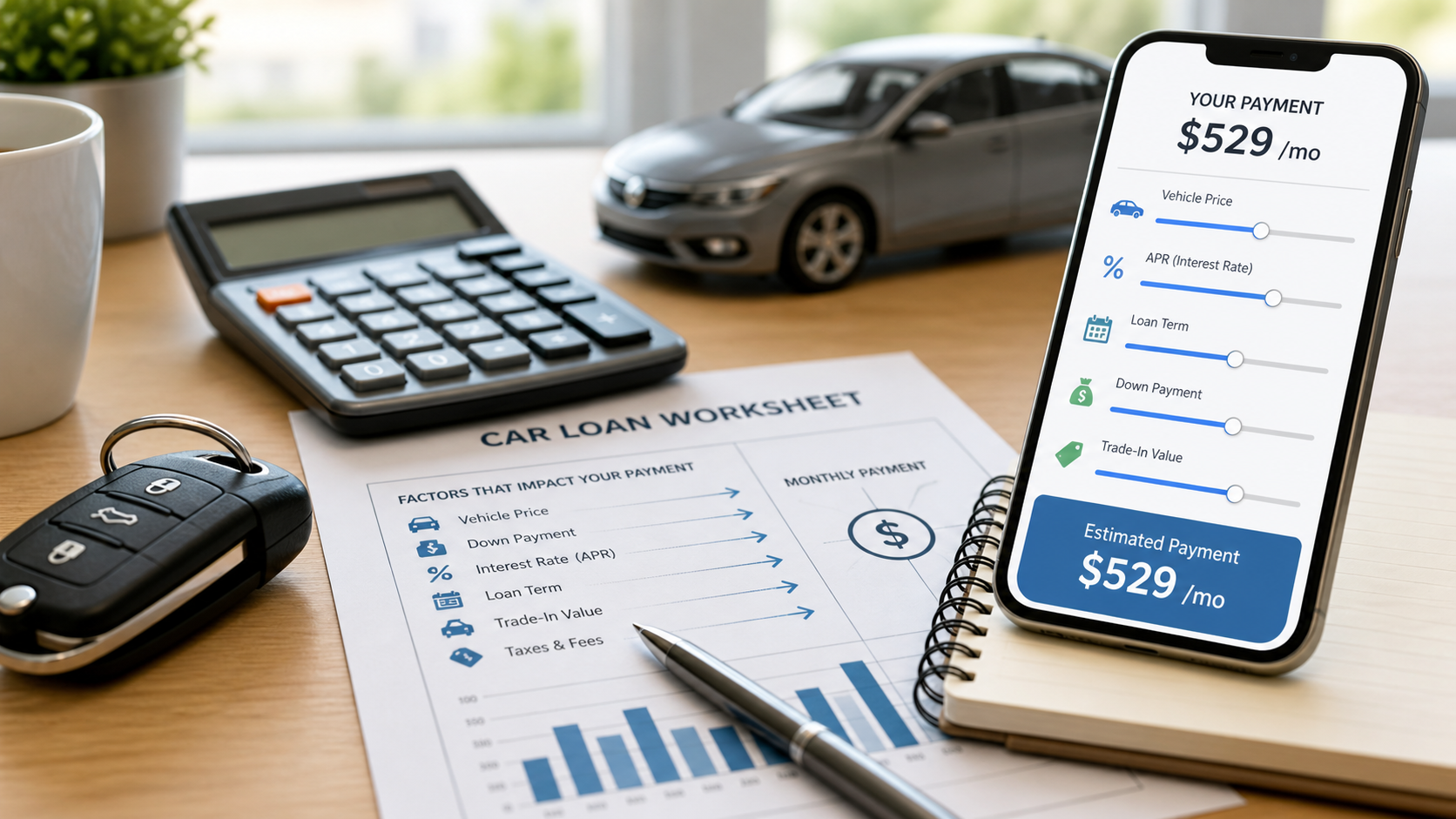 Car payment planning desk with calculator, keys, loan worksheet, and payment factor controls.