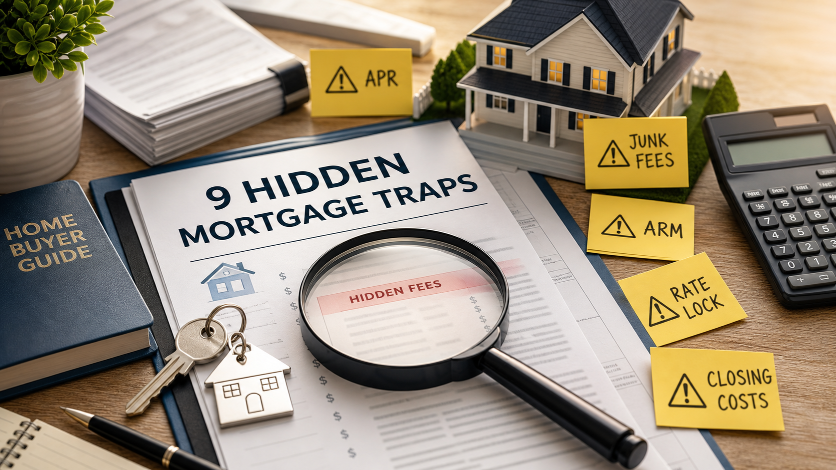 Mortgage documents, house key, calculator, magnifying glass, and warning notes for hidden loan fees.