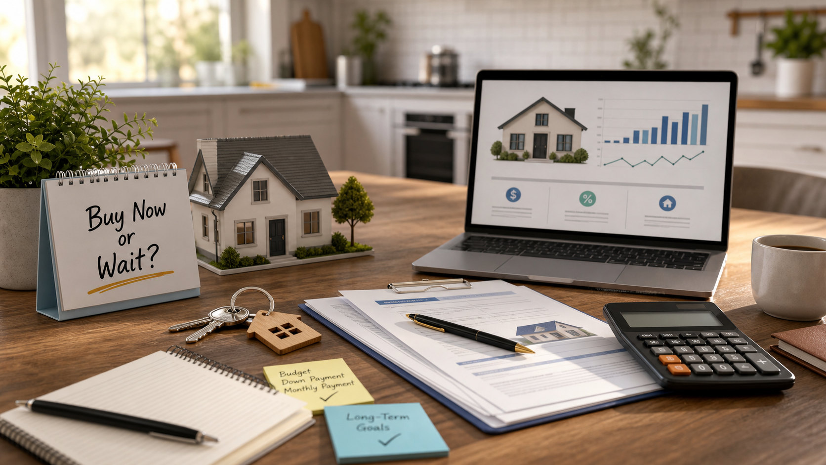 Homebuying planning desk with house keys, mortgage paperwork, calculator, calendar, and affordability chart.